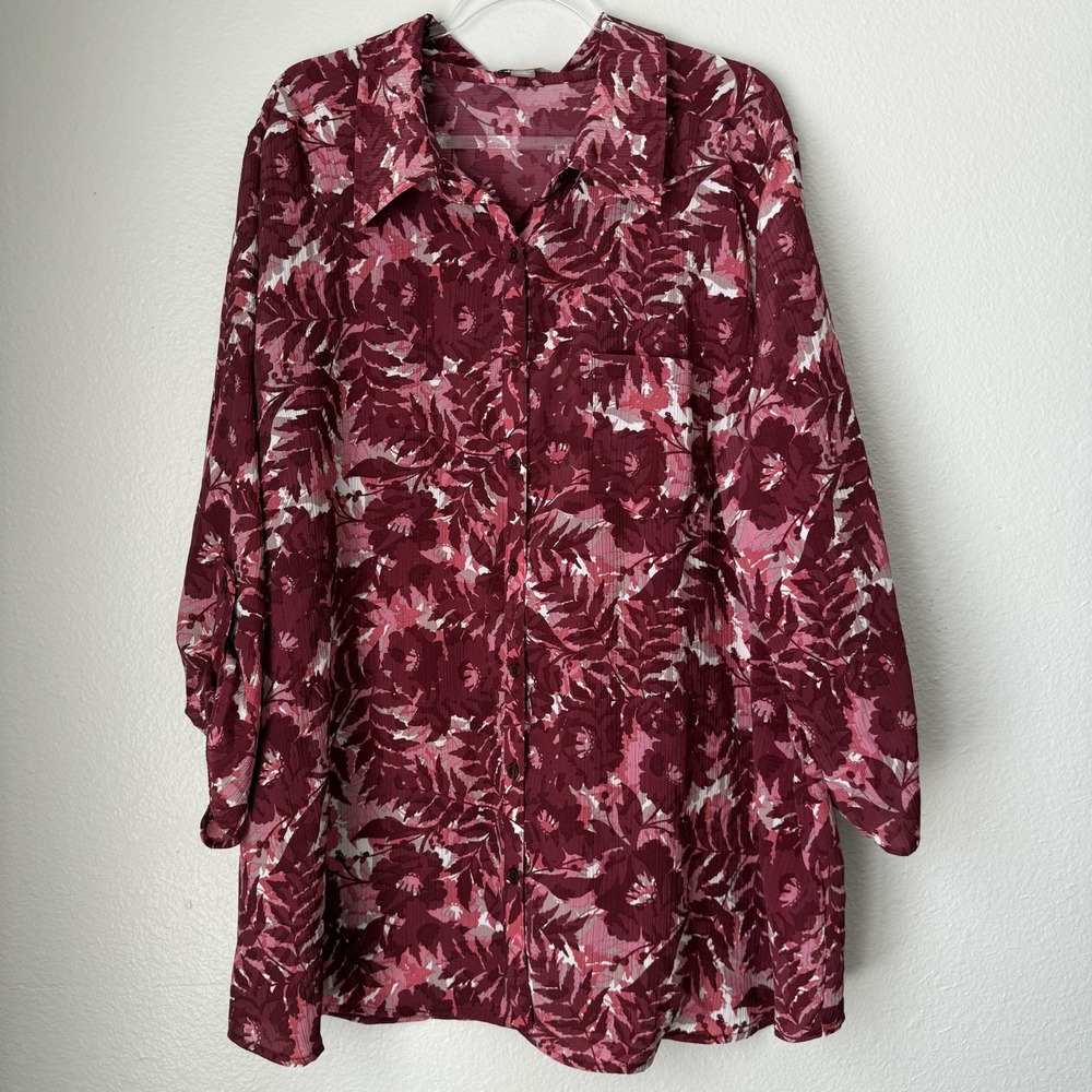 White Stag Womens Blouse 3x (22W/24W) Button Up Burgundy And Pink Flowy Vacation